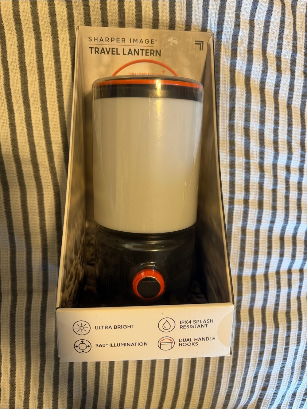New- Sharper Image White Lantern with Black Base and Orange Trim